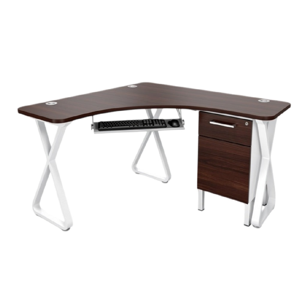 **Technische Titel in het Nederlands: L-vormig bureau met houten blad en opberglade**