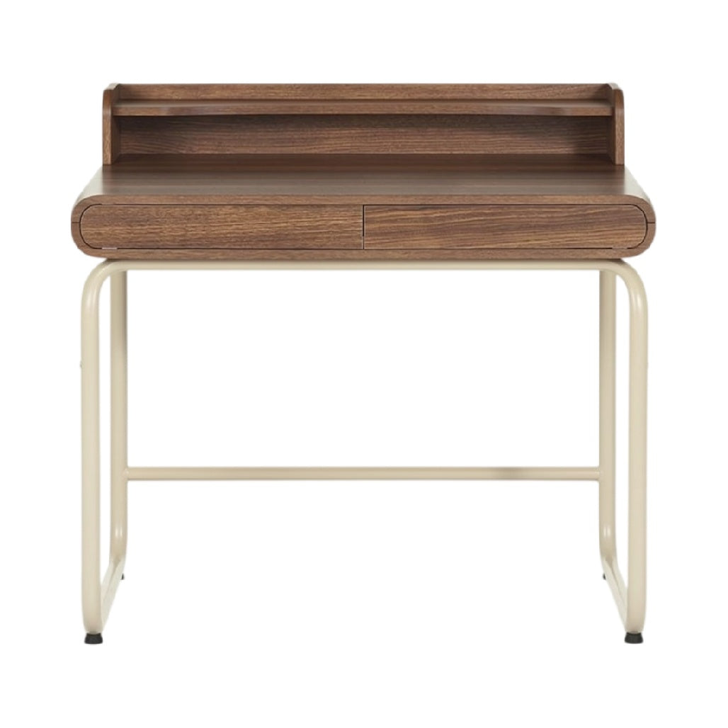 **Technische Titel in het Nederlands: Modern houten bureau met metalen onderstel en lade**