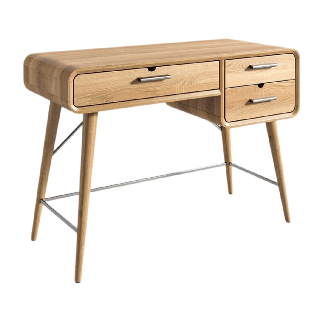 **Technische titel in het Nederlands: Moderne houten bureau met lades en metalen poten**