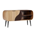 **Technische Titel in het Nederlands: Modern houten dressoir met gestreepte deur en open vakken**