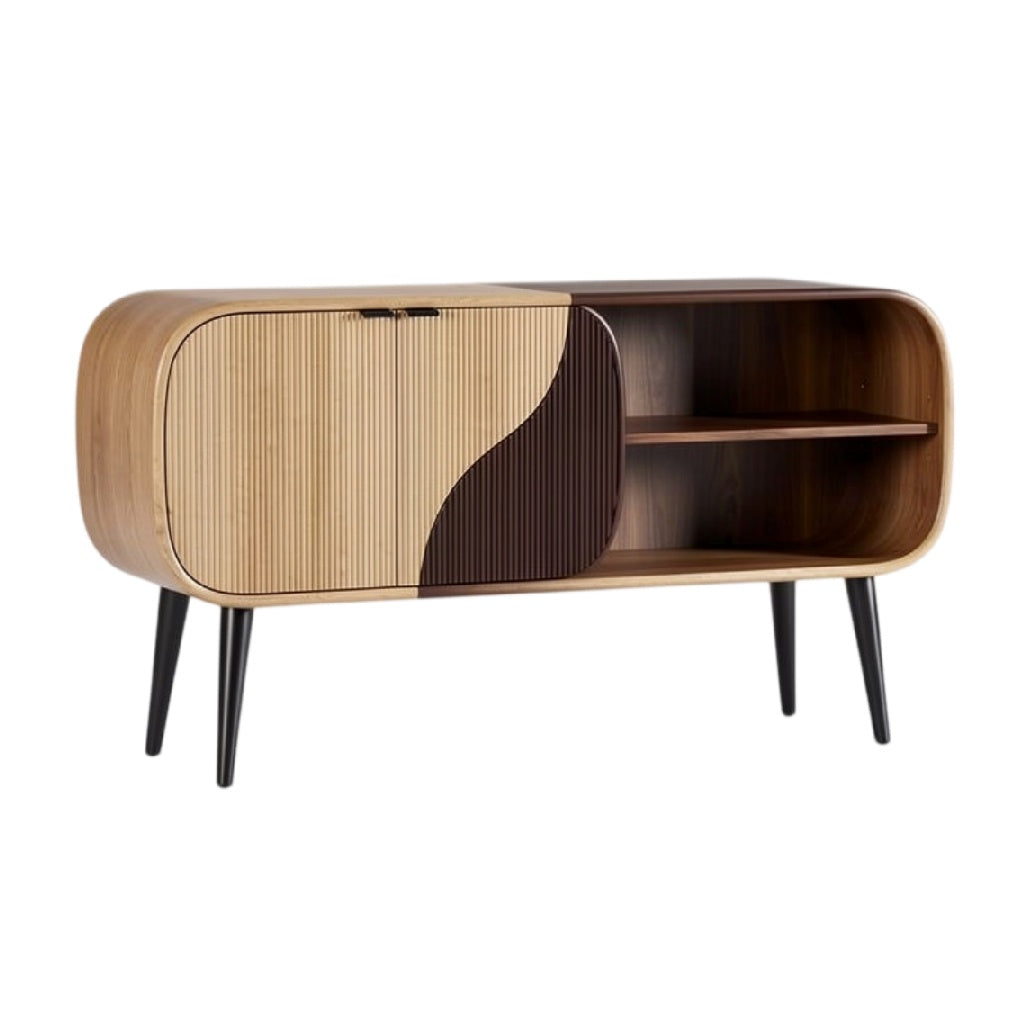 **Technische Titel in het Nederlands: Modern houten dressoir met gestreepte deur en open vakken**