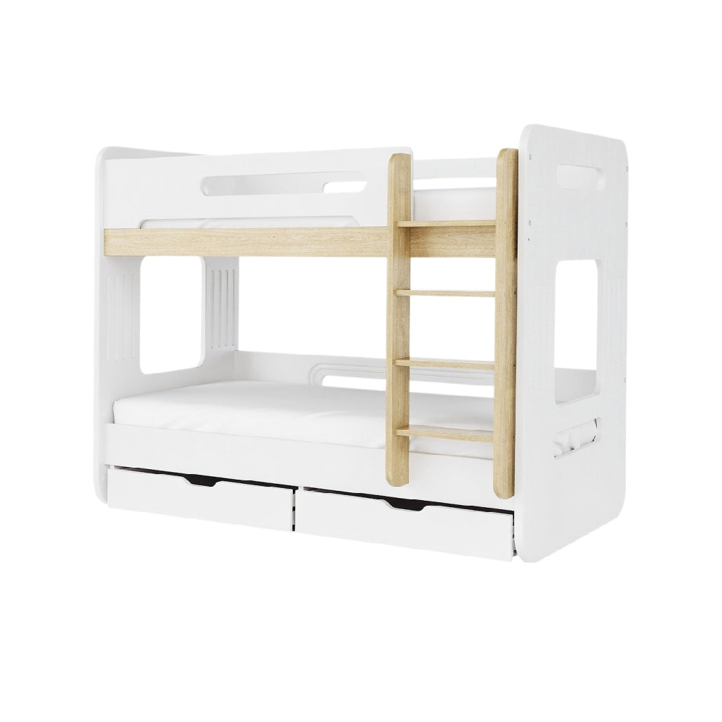 **Technische titel in het Nederlands:** Gelaagd stapelbed met houten ladder en opberglades